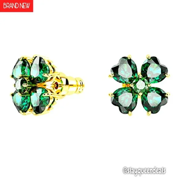 Gold-Tone Crystal Stud Earrings, Clover Motif, 0.47 Inch